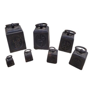 Antique English Cast Iron Scale Weights — Set of 7 Victorian Paperweights For Sale