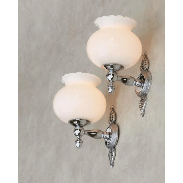 Metal Empire Revival Wall Sconces in Opaline and Chrome, France, 1970, Set of 2 For Sale - Image 7 of 8