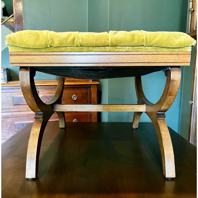 Vintage Regency-Style X-Base Bench by Gilliam Furniture, Featuring Tufted Chartreuse Velvet Upholstery For Sale In Milwaukee - Image 6 of 18