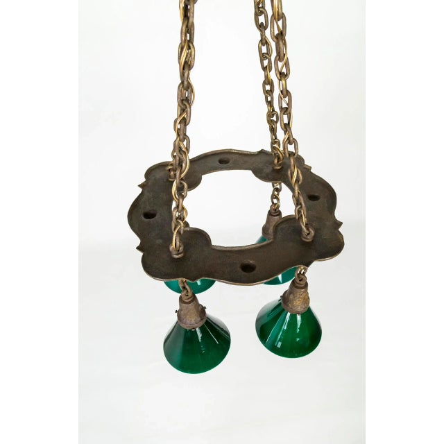 Green Arts & Crafts Hammered Darkened Metal Chandelier With Green Glass Shades For Sale - Image 8 of 12