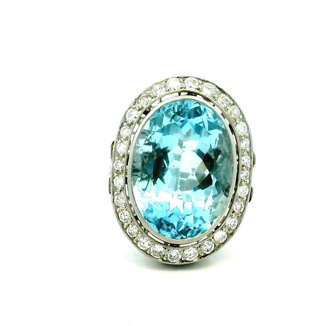 1920s Art Deco Platinum Aquamarine & Diamond Cocktail Ring, Size 6.25 For Sale - Image 11 of 13