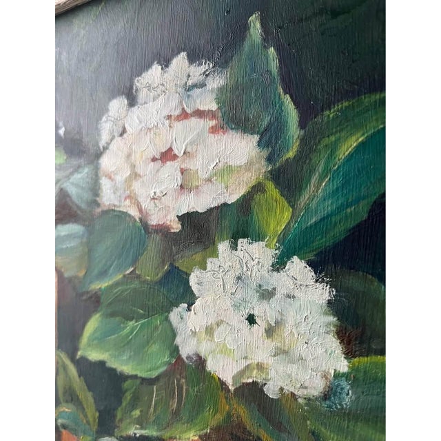 Farmhouse White Hydrangeas in Terracotta Pots (Original Oil, Likely, on Board) For Sale - Image 3 of 6