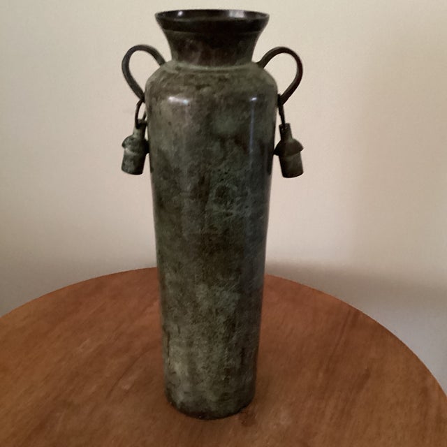 Metal Vintage Cylindrical Metal Patinated Vase/Vessel With Unique Dangling Bell Handles For Sale - Image 7 of 12