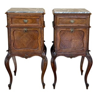 Antique French Mahogany Night Stands or bedside tables with marble top , 1900, A Pair For Sale