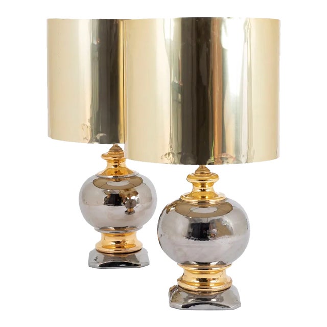 Golden and Silver Luster Glazed Ceramic Ball Table Lamps, 1960s, Set of 2 For Sale