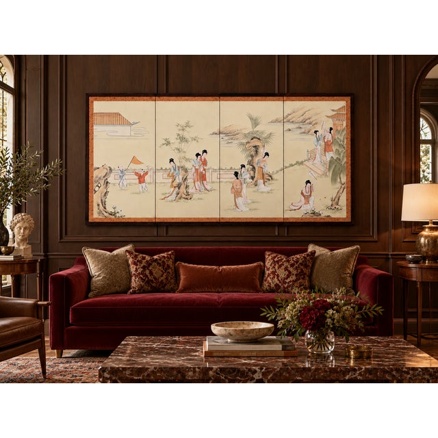 1970s Chinese Hand-Painted Silk Four-Panel Folding Screen | Attributed to Yang Zhi | Hong Kong For Sale - Image 18 of 18