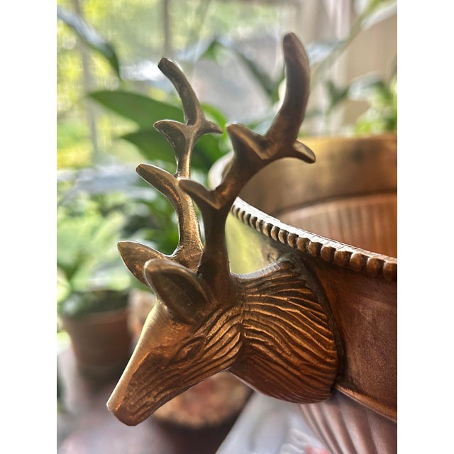 Late 20th Century Vintage Antique Finish Brass 12.5” Pedestal Centerpiece Bowl With Stag Deer Head Handles For Sale - Image 5 of 11