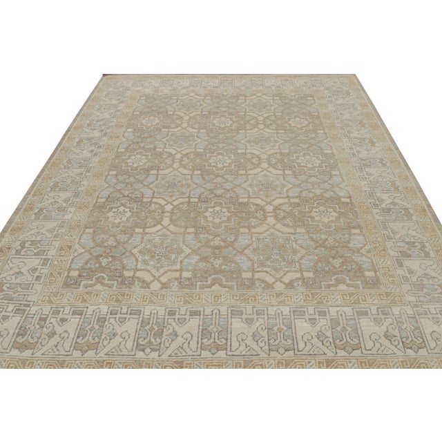Transitional Rug & Kilim’s Oushak Style Rug in Beige-Brown and Blue Geometric Pattern For Sale - Image 3 of 7
