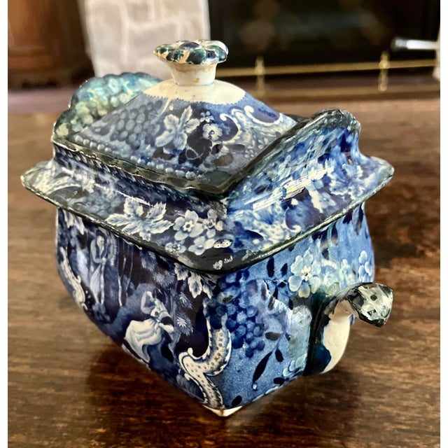 Early 19th Century Antique Adams Staffordshire Historical Blue Transferware Covered Sugar Bowl, C. 1820s For Sale - Image 5 of 18