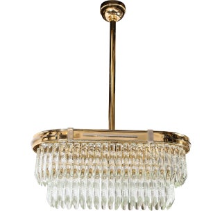 Mid-Century Modernist Oval Form Two-Tier Brass, Nickel & Cut Crystal Chandelier For Sale