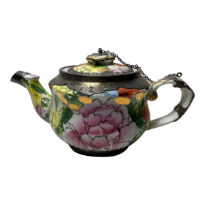 Vintage Chinese Millefleur Porcelain Teapot Hammered Metal/ Hand Painted With Chained Lid