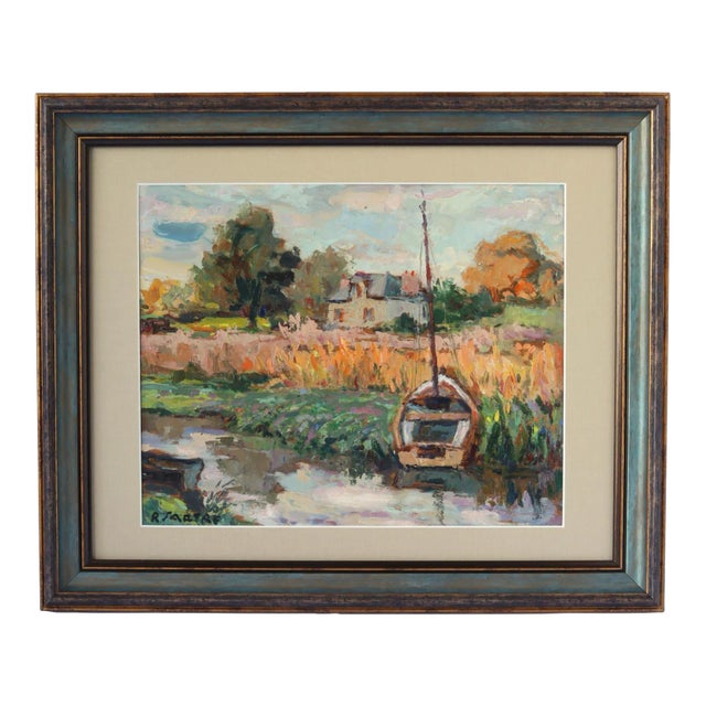 Antique French Rural Farmhouse & Canal Painting For Sale
