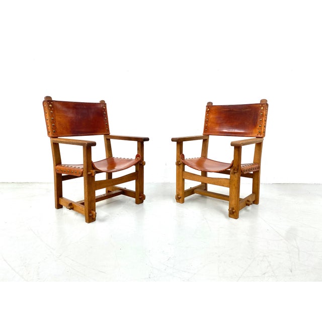 Vintage French Brutalist Castle Armchairs in Oak and Cognac Leather, 1920s, Set of 2 For Sale - Image 13 of 13