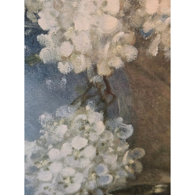 Wood 1940s A. D. Greer Original Oil Painting Framed Dogwood Hydrangeas For Sale - Image 7 of 17