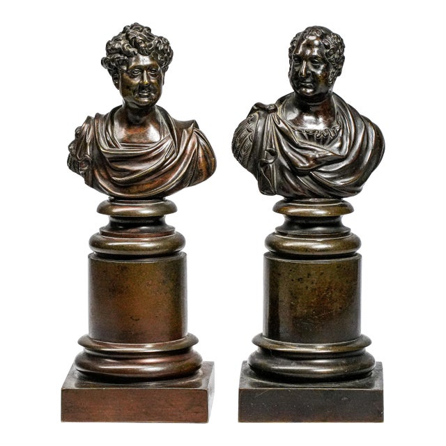 Amazing Pair Antique Bronze English Neoclassical Grand Tour Statue Sculpture Bust Royalty Home Decor For Sale
