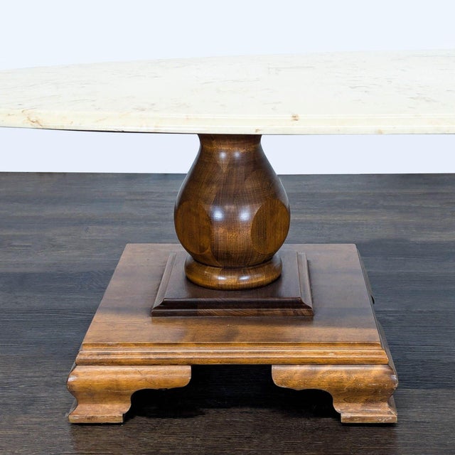 Vintage Oval Marble Top Coffee Table With Double Wood Pedestal Base For Sale - Image 4 of 7