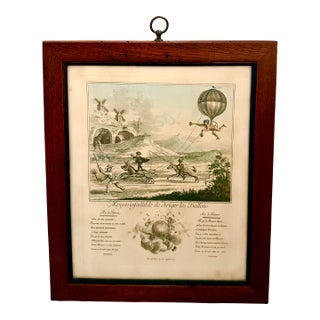 French Antique Satirical Ballooning Hand-Colored Etching Titled "Moyen Infaillible De Diriger Les Ballons", Originally Produced 1785, Worm Wood Frame For Sale