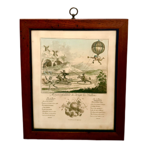 French Antique Satirical Ballooning Hand-Colored Etching Titled "Moyen Infaillible De Diriger Les Ballons", Originally Produced 1785, Worm Wood Frame