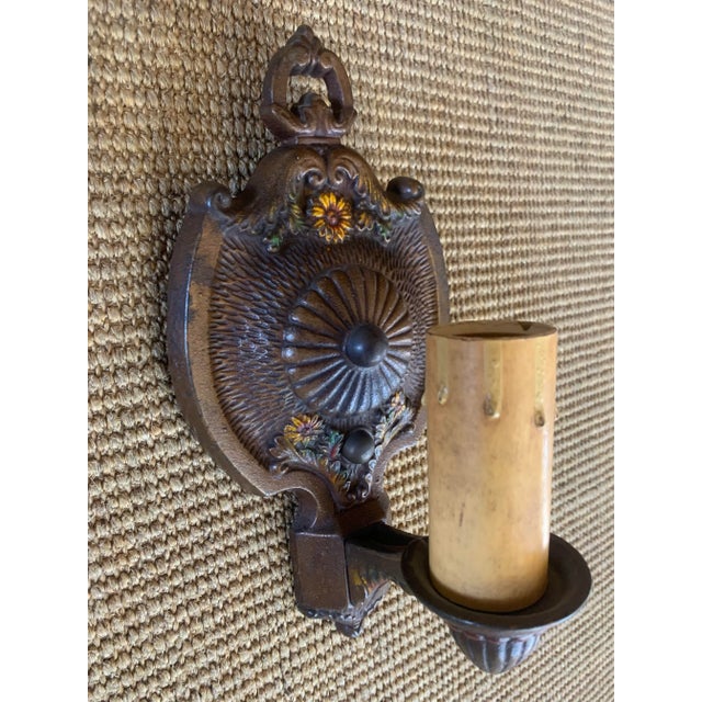 Circa 1920 Cast Iron and Polychrome Paint Sconces in Original Patina For Sale - Image 9 of 11