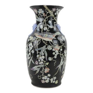 Chinese Black Glaze Famille Noire Porcelain Vase With Bird and Floral Motif For Sale