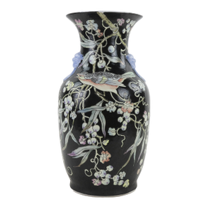 Chinese Black Glaze Famille Noire Porcelain Vase With Bird and Floral Motif