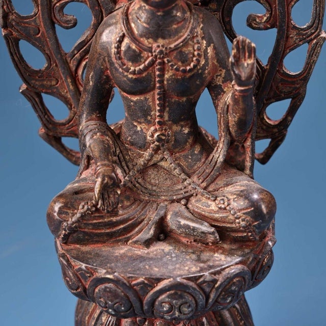 Gilt Copper Guanyin Bodhisattva Statue With Openwork Mandorla Backplate, Lotus Throne For Sale - Image 9 of 10