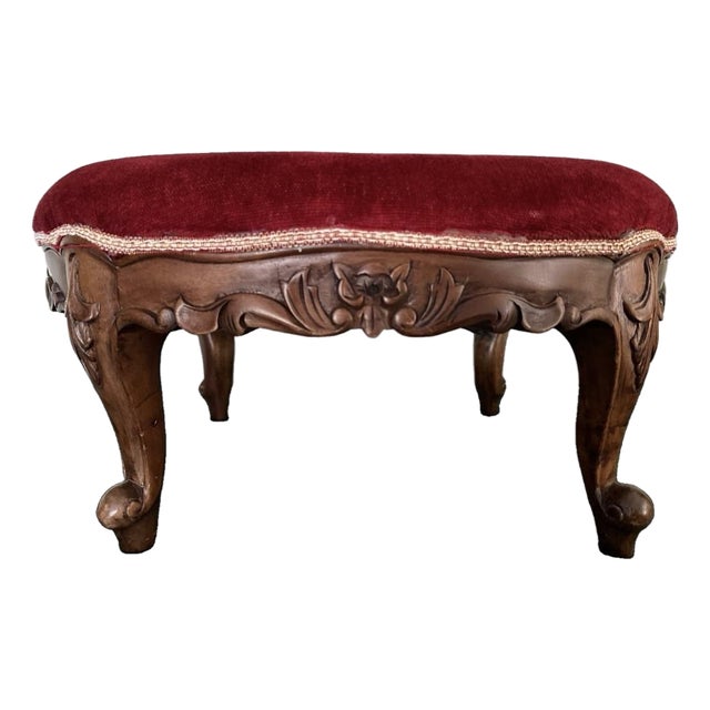 Vintage Mid 20th Century Louis XV Oval Shaped Wood and Red Velvet Upholstered Footstool For Sale