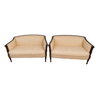 Vintage French-Style Upholstered Settee – Carved Mahogany Frame For Sale