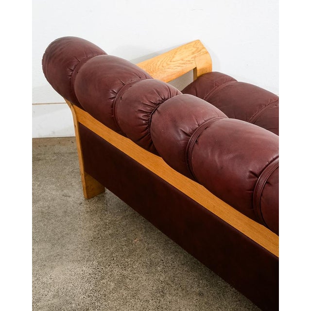 Wood 1960s Mid Century Danish Modern Sofa Couch Oxblood Red Leather 3 Seater Oak Tufted For Sale - Image 7 of 12