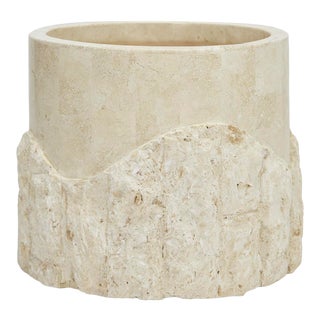 1990s Postmodern 10" Round Tessellated Rough and Smooth White Stone Planter For Sale
