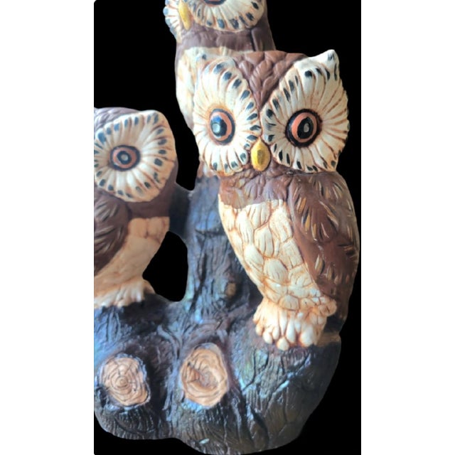 Frederick Cooper Vintage Massive Plaster 3 Owl Statues Sitting on a Birch Log Table Lamps- a Pair For Sale - Image 4 of 9