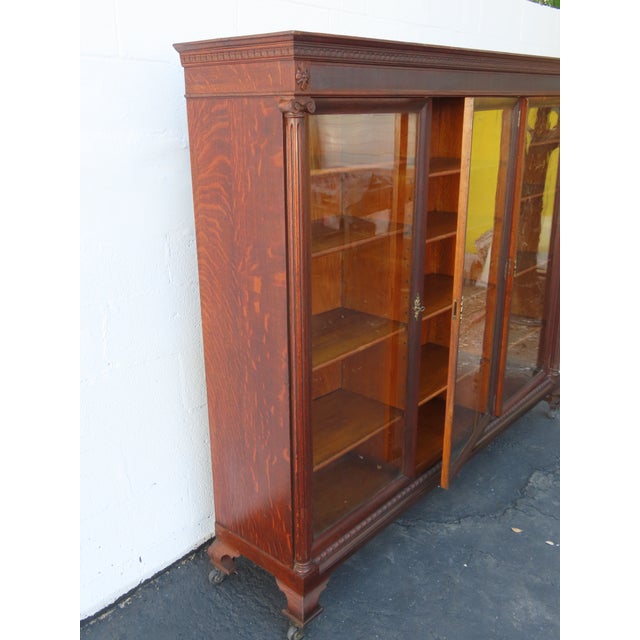 Wood Early 1900s Tiger Oak Long Large China Cabinet Bookcase Cupboard 6583 For Sale - Image 7 of 18