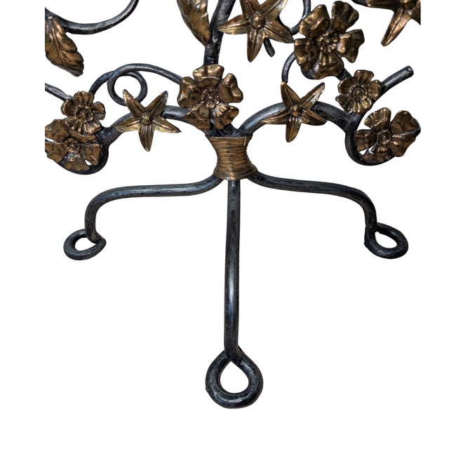 Metal Mid-20th Century Hand-Forged Wrought Iron Candelabra With Applied Cast Brass Botanical Details For Sale - Image 7 of 11