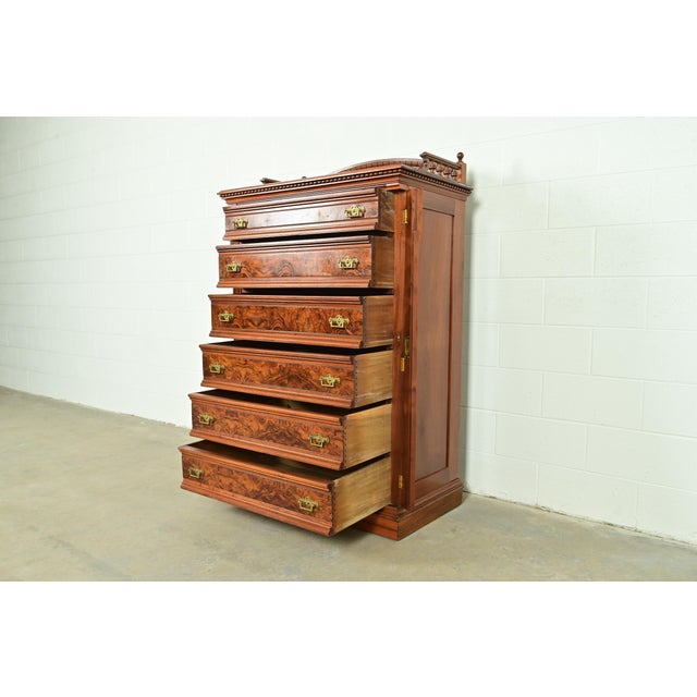 Herter Brothers Style Antique Eastlake Victorian Carved Walnut and Burl Wood Highboy Dresser, Circa 1880s For Sale In South Bend - Image 6 of 17