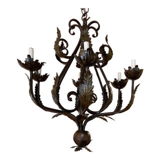 Vintage 1950s French Iron Leaf and Flower Motif 6 Arm Chandelier For Sale