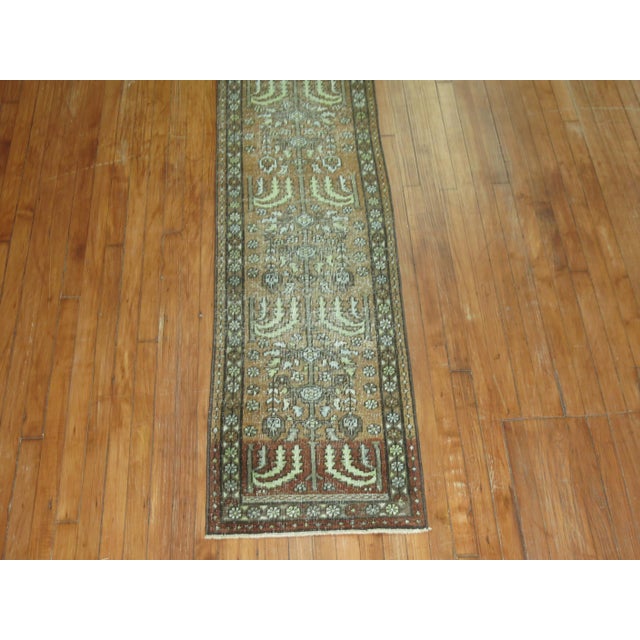 Antique Persian Heriz Brown Green Runner - 1'10" x 9'8" For Sale - Image 4 of 5