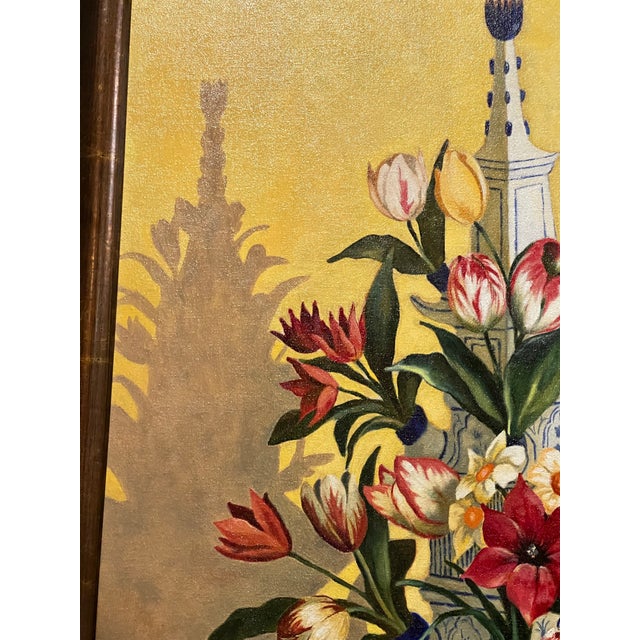 Chinoiserie Paul Rousso Style Chinoiserie Trompe l'Oeil Still Life Delft Tulipiere Painting For Sale - Image 3 of 9