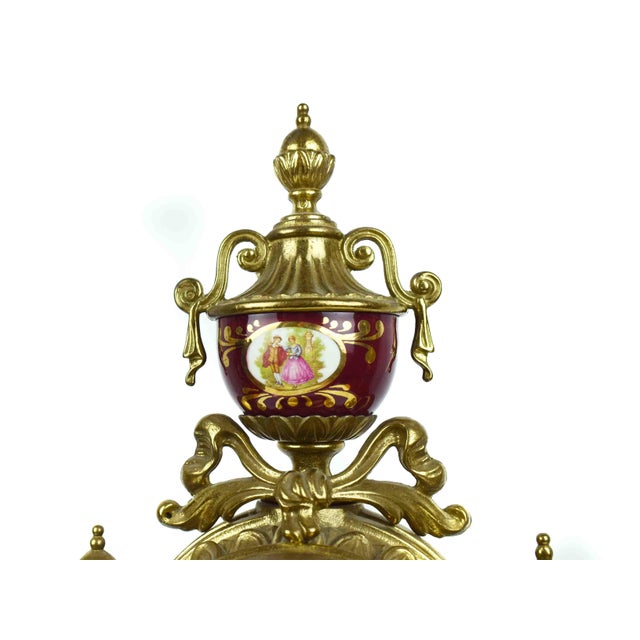 Mid 20th Century Mid 20th Century Imperial Gilt Brass Frame With Porcelain Plaques Mantle Clock & Five-Light Candelabra Set - 3 Pieces Italy For Sale - Image 5 of 17