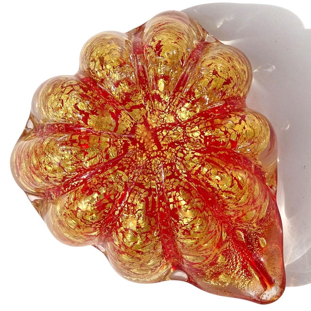 Murano Barovier Toso Vintage Bright Red Gold Flecks Control Bubbles Italian Art Glass Ashtray Bowl For Sale - Image 9 of 9