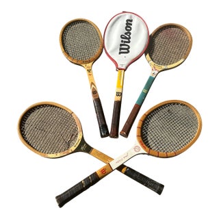 Collection of Vintage Wooden Wilson Tennis Rackets With Cover and Blue and Yellow Accents For Sale