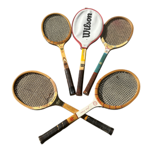 Collection of Vintage Wooden Wilson Tennis Rackets With Cover and Blue and Yellow Accents