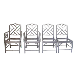 Chinese Chippendale Faux Bamboo Chairs Jonathan Adler Style Set of Four