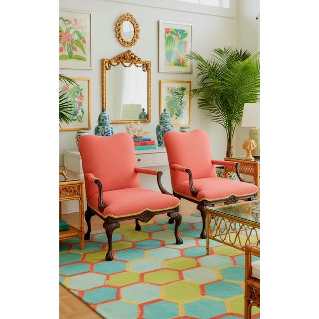 Vintage Custom Upholstered Walnut Queen Anne Legs Salmon Leopard Chatruese Trim Side Chairs- a Pair For Sale - Image 11 of 12