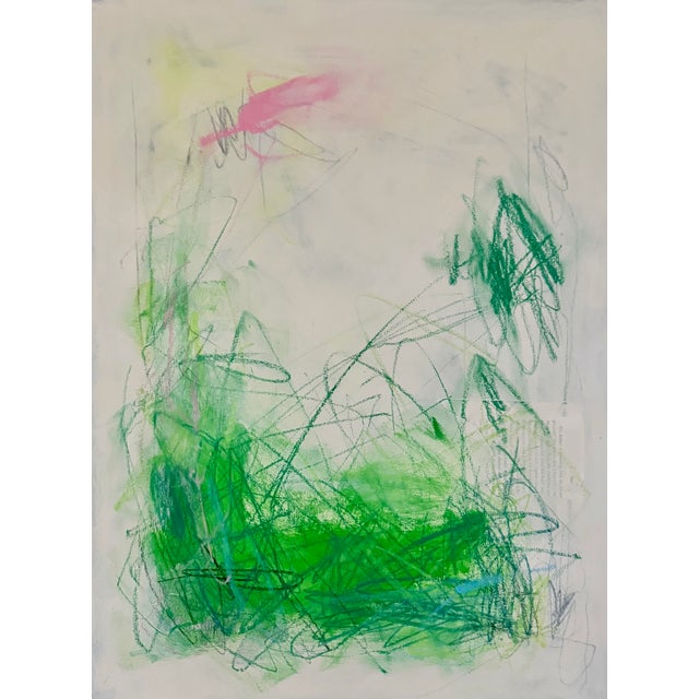 "Katydid" – This piece was created with acrylic paint, graphite, crayon and collage pieces on lightweight, mixed media...