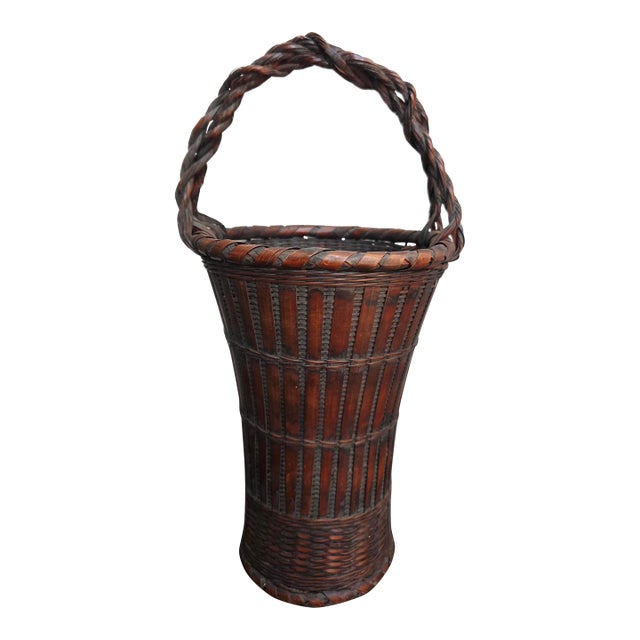 1900s Meiji Japanese Bamboo Basket Ikebana Tea Ceremony Flower Basket For Sale