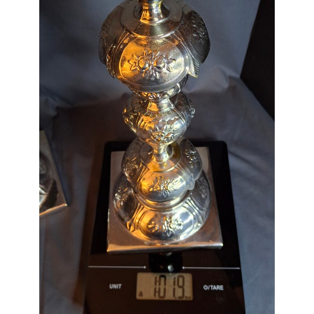 Antique Polish Judaica Silver Plated Shabbat Candlesticks Chaim Grun Warsaw 12" For Sale - Image 9 of 18