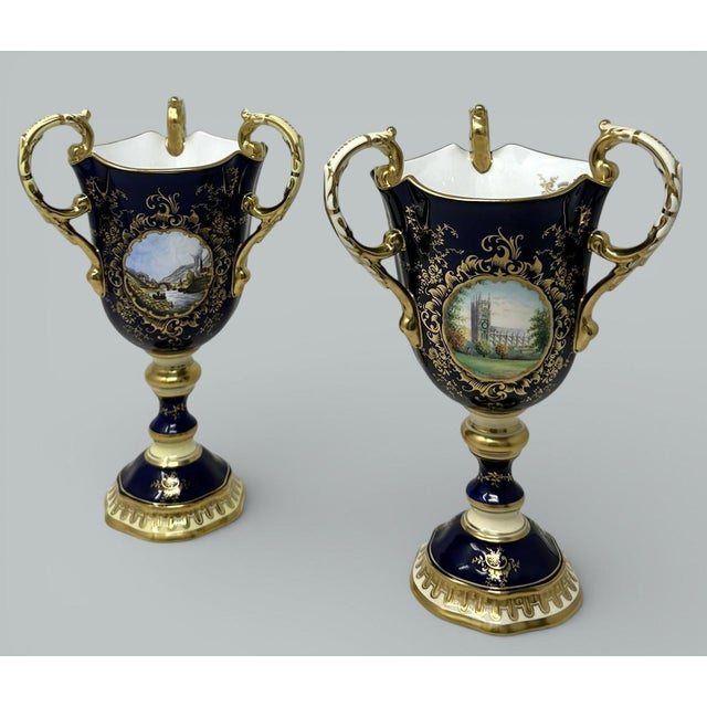 Antique Pair English Coalport Three Handle Loving Trophy Cups Porcelain Urns For Sale - Image 16 of 18