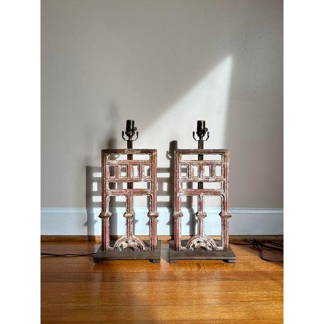 French Cast-Iron Architectural Antique Table Lamps, Pair For Sale In Greensboro - Image 6 of 16