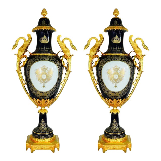 Early 20th Century French Oversized Cobalt Blue Porcelain Vases With Gilt Bronze Details- Set of 2 For Sale