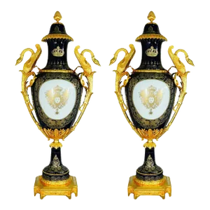 Early 20th Century French Oversized Cobalt Blue Porcelain Vases With Gilt Bronze Details- Set of 2